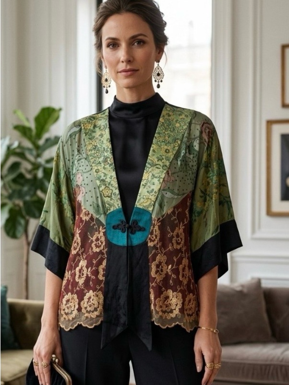 Beautiful Silk Embroidered Floral Kimono Jacket - Green & Gold